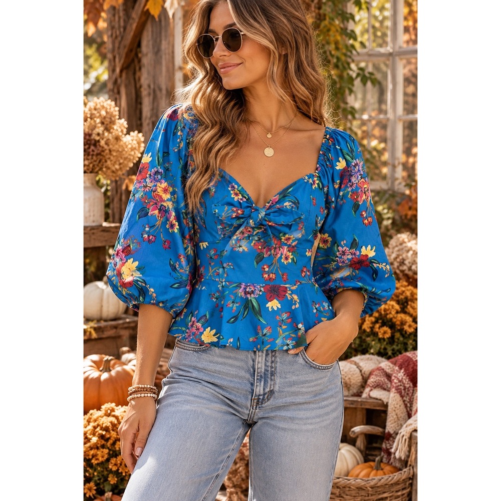 Parker Iggy Blue Floral Peplum Puff Sleeve Tie Front‎ Blouse Size Small Boho